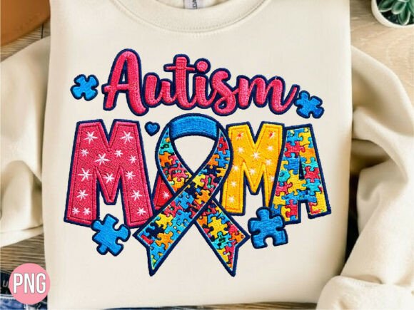 Autism Mama Embroidery Effect Puzzle PNG for Boutique Apparel